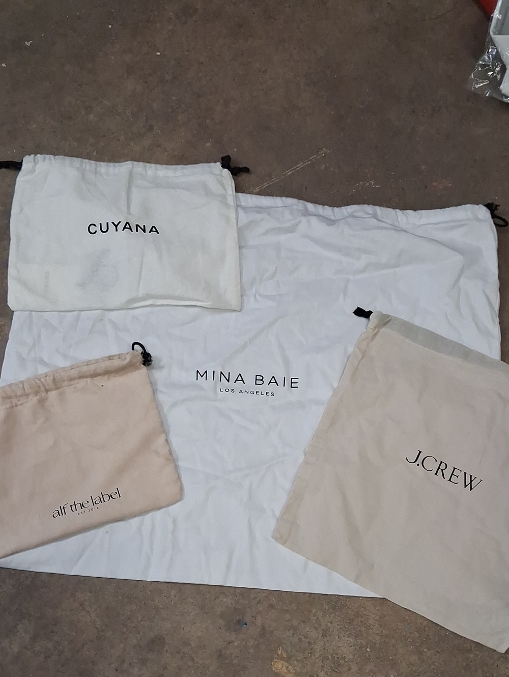 4 Assorted Drawstring Dust Bag Set, J. Crew, Mina Baie, Cuyana, Alf The Label